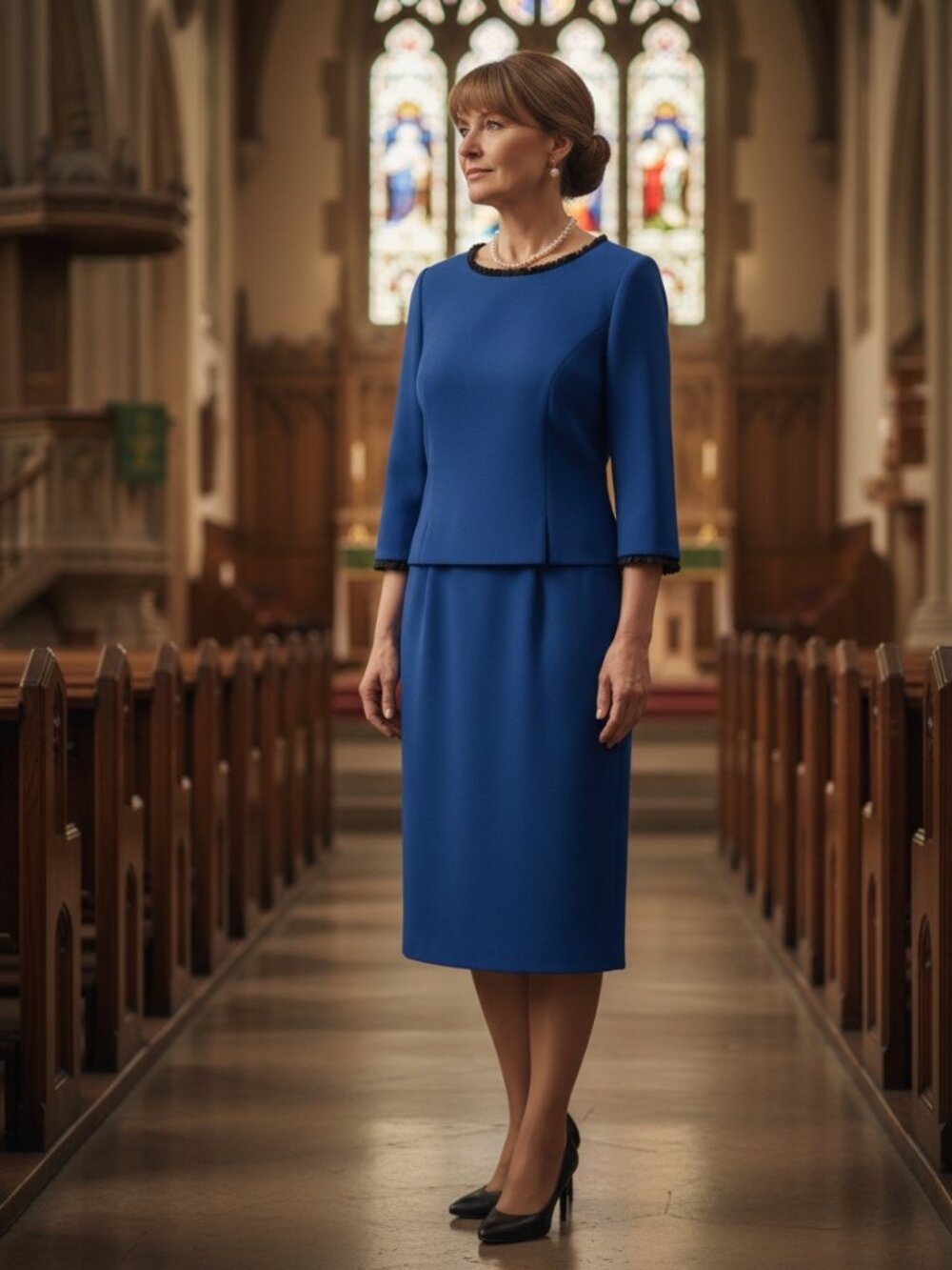 Kasper Skirt Suit Womens 8P Blue Excellent Ruffle Trim 2 Piece Set